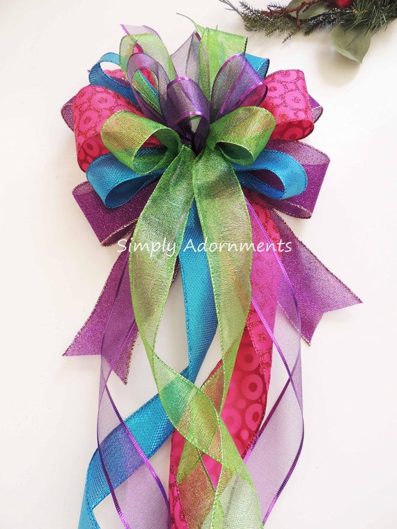Multicolored Christmas Bow, Pink Green Blue Purple tree topper bow, Holiday Lantern Bow, Staircase bow, Gift Basket Bow, Birthday Decor