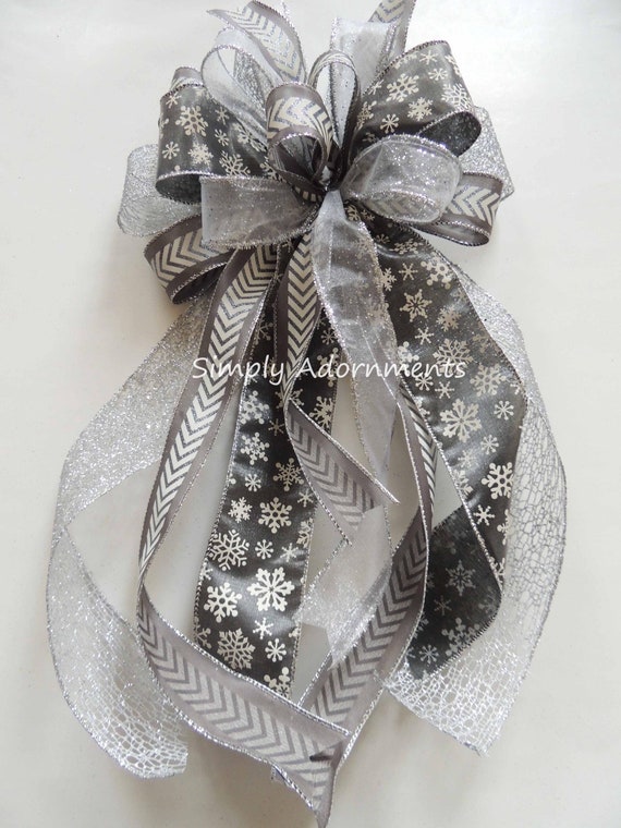 Grey Silver Christmas Bow, Glitter Silver Christmas tree Bow, Gray Silver Winter Holidays Bow, Silver Christmas Snowflakes lantern Bow