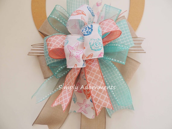 Whimsical Coastal Wreath Bow, Orange Mint Coastal Lantern Bow, Beach wedding Lantern bow, Coastal door hanger Bow, beach basket gift bow Il_570xn