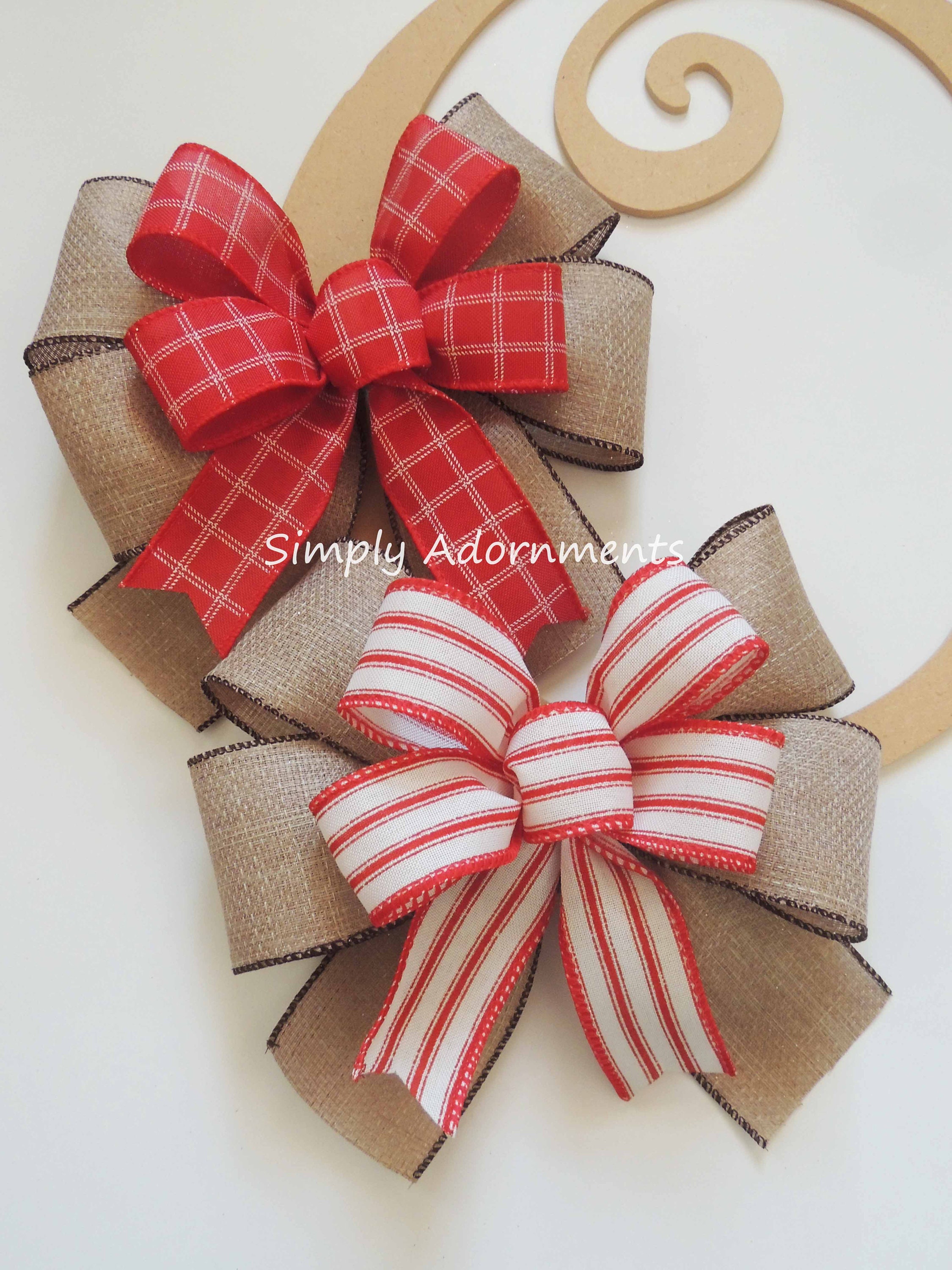 Christmas Bow / Red and White Ticking Striped Bow / Farmhouse