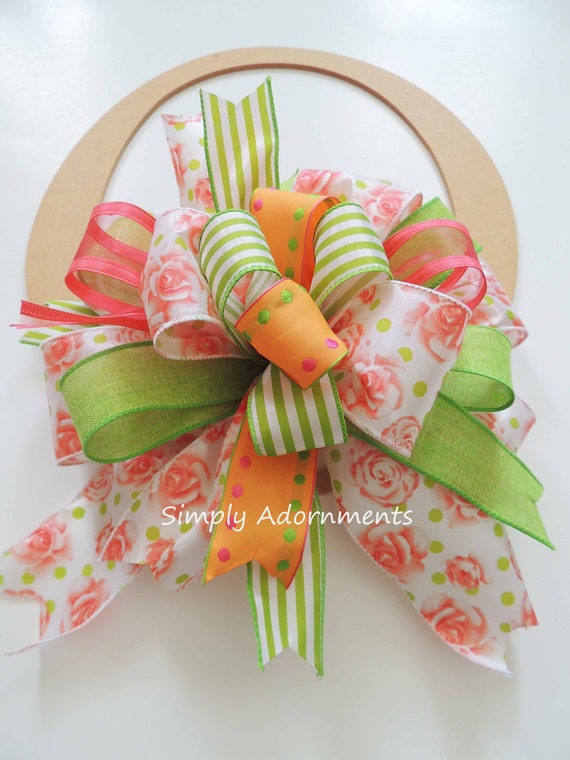 Spring Flowers Wreath Bow, Orange Green spring floral door Bow, Peach Rose lantern Bow, Spring Wreath Bow, Floral Green gift basket bow