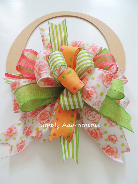 Spring Flowers Wreath Bow, Orange Green spring floral door Bow, Peach Rose lantern Bow, Spring Wreath Bow, Floral Green gift basket bow Il_570xn