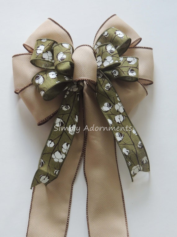Cotton Boll wreath bow, Rustic Moss Green Burlap Wreath Bow, Cotton Boll farm Lantern bow, Farmhouse wreath bow, Cotton Boll Door Hanger Bow Il_570xn