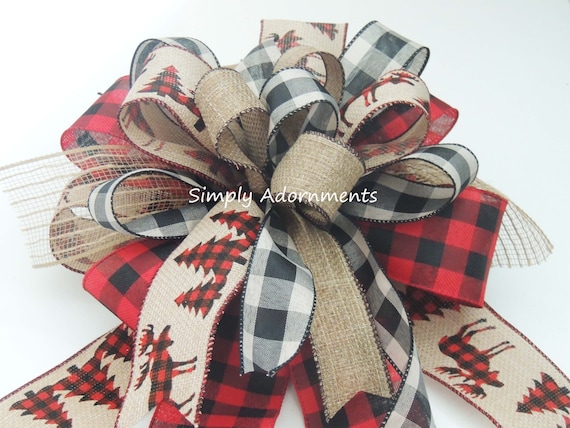 Farmhouse Christmas Bow, Rustic Farmhouse Red Black Tan Christmas Bow, Red Black buffalo Check wreath bow, farmhouse Christmas tree Bow