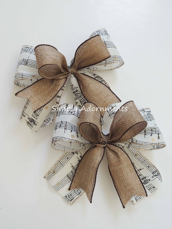Set of 2 Mini Music Sheet Bows, 2 Rustic Musical Bows, Music Ornament tree Bows, Music note Gift Bows, 2 ornament Music bows, Door bows
