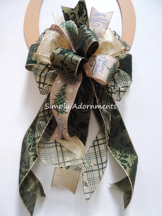 Green Gold Christmas Bow, Hunter green Gold Plaid Christmas Bow, Green Christmas Tree Bow, Hunter Green Christmas tree bow, Green Gold Bow