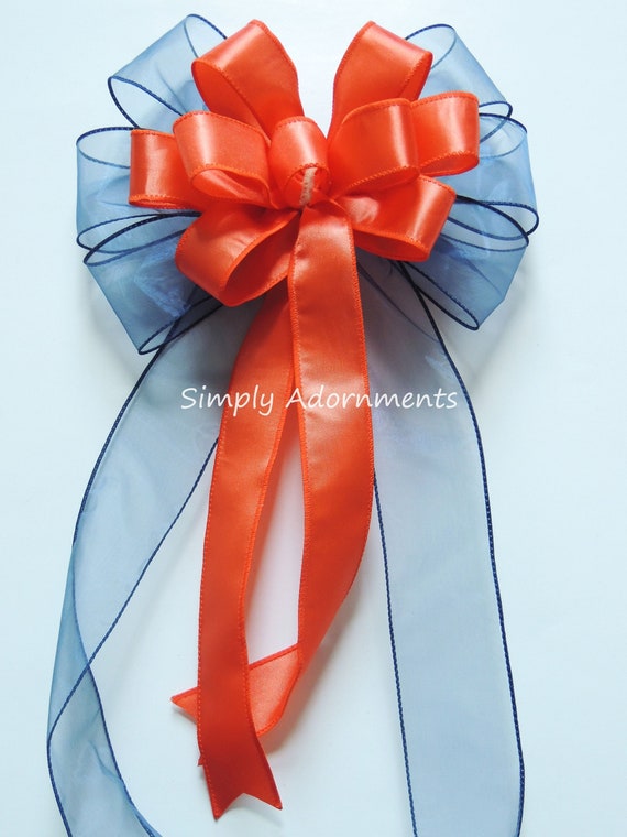 Navy Orange Bow, Wedding Pew Bow, Navy Orange Wreath Bow, Navy orange Door Bow, Navy orange Wedding bow, Navy Orange Themed Party decoration