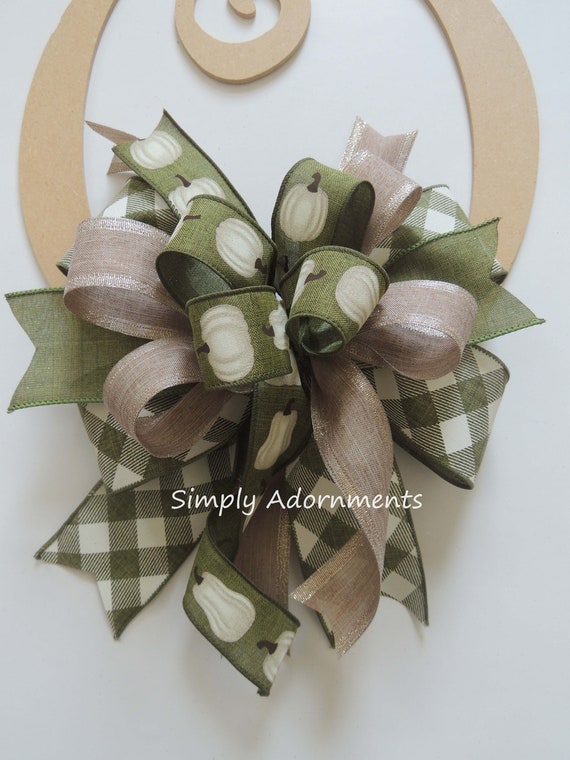 Fall Green Pumpkin Bow, Thanksgiving Bow, pumpkin Wreath Bow, pumpkin Accent Bow for Wreath, Moss green pumpkin Bow Fall Green Door sign Bow