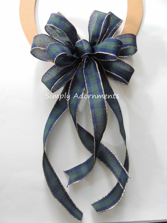 Navy Green Emerald Check Christmas Bow, Wreath Bow, Tree Topper Bow, Holiday Lantern Bow, Door Bow Decoration