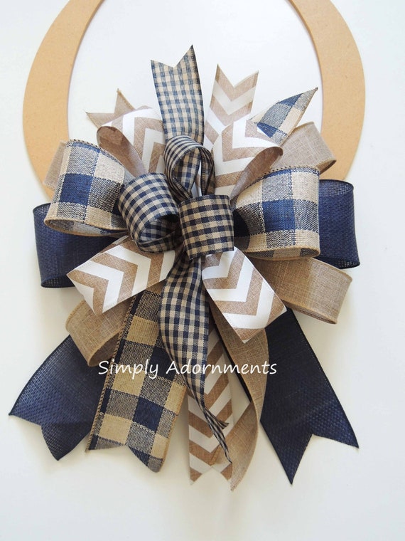 Navy Farmhouse Bow, Navy Tan Buffalo Check Wreath Bow, Rustic Navy Buffalo Plaid lantern Bow, Everyday Navy Tan bow, Navy Farmhouse door bow