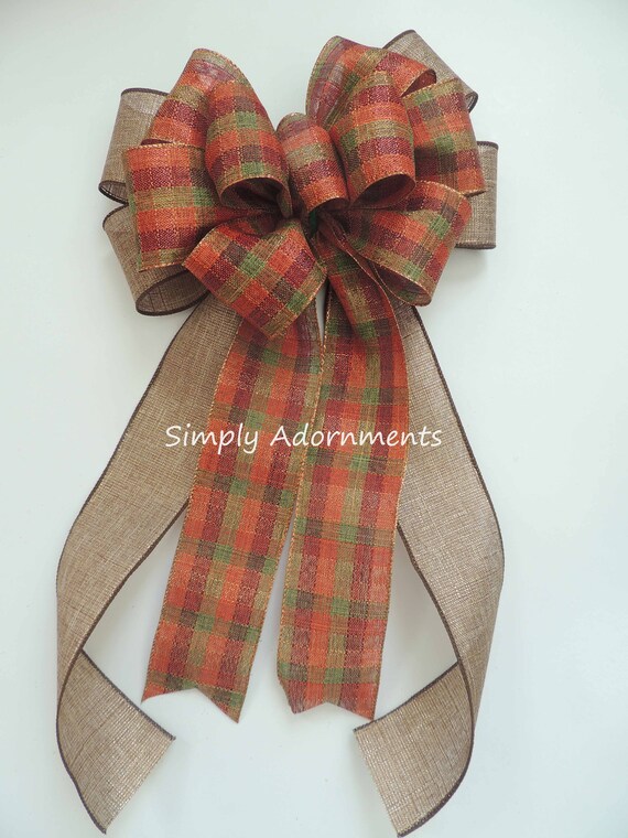 Fall Plaid Wreath Bow, Orange Plaid fall wreath bow, Fall colors lantern Bow, Fall Plaid door Bow, Fall plaid gift bow, Fall home decoration Il_570xn