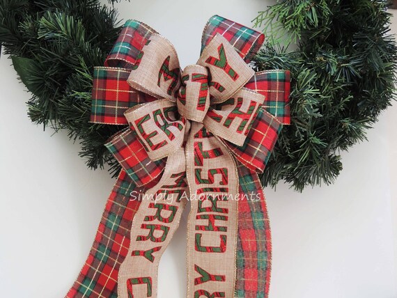 Merry Christmas Plaid Bow Red Green Tartan Woodland Christmas Bow Rustic Christmas Country Bow Red Green cabin plaid Christmas Wreath Bow