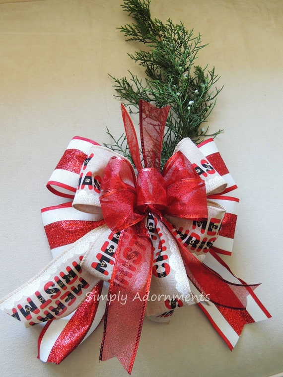 Whimsical Merry Christmas Bow, Red White Christmas Sign Bow, Merry Christmas wreath Bow, Christmas Lantern Bow, Winter Holiday bow, Gift Bow
