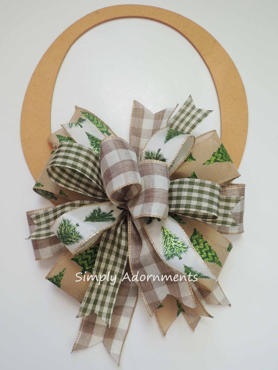 Farmhouse Christmas Bow, Farmhouse Green Check Burlap Christmas Bow, Green Christmas Tree Bow, Green Tan Check Christmas Lantern bow