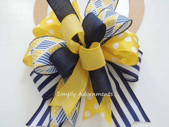 Navy Yellow wreath bow, Nautical Navy Door bow, Nautical Beach Bow, Yellow Navy Lantern bow, Yellow Navy theme bow, Nautical Wreath Bow