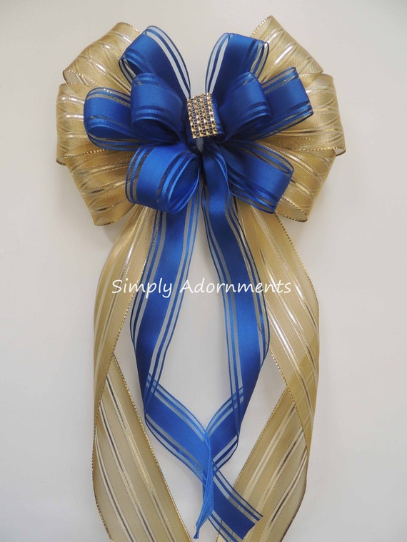 Gold Royal blue Bow, Gold Blue Wedding Aisle Bow, Royal Blue Gold Pew bow, Chair bow, Bridal Shower Bow. Blue Gold Graduation Party Decor