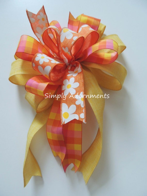 Yellow Orange Spring Flower bow, Spring Wreath bow,  Spring Floral wreath Bow, Summer Floral Lantern Bow, Spring flower bow, basket Gift Bow