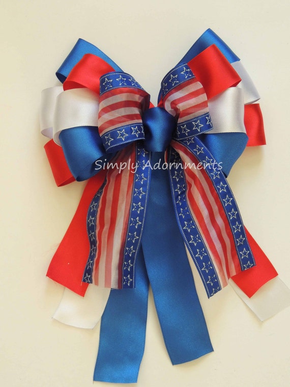Red White Blue Wreath Bow, Patriotic Lantern Bow, July 4th Door Bow, Fourth of July Accent Wreath Bow, America Swag Bow Wired Patriotic Bow