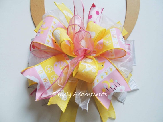 Baby Girl Shower Bow, "Oh Baby" Bow, Baby Girl Shower Gift Bow, Pink Yellow Baby Shower Sign Bow, Baby Girl Shower Door Bow, Basket Gift Bow