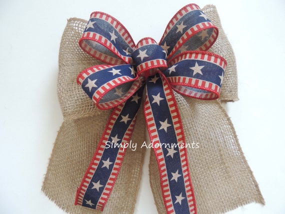 Old Glory Patriotic Bow, Vintage Americana Burlap Wreath Bow,  primitive patriotic Burlap Bow, July 4th Wreath bow, Independence Wreath Bow