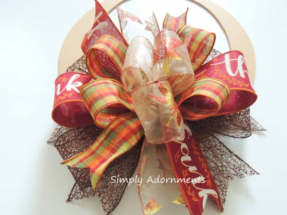 Fall Plaid Bow, Thanksgiving Fall leaf Wreath Bow, Burgundy brown bronze fall Wreath bow, Brown Bronze Fall leaves Bow, Thankful Door Bow
