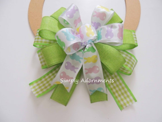 Easter Bunny bow, Easter Wreath Bow, Pastel Bunny Gift Bow, Easter Lantern bow, Easter door bow, Spring Green Bow, Spring Green Check Bow
