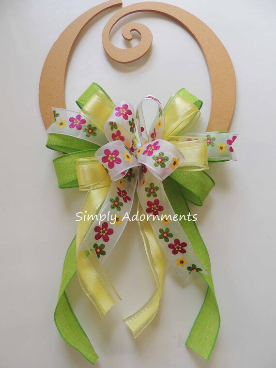 Easter Flowers Bow, Green Yellow Spring Flowers Bow, Spring Flowers Lantern Bow, flowers Wreath Bow, Spring Door bow, Spring Gift bow