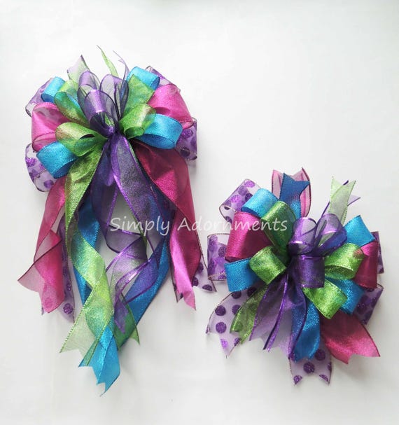 Multicolored Christmas Bow, Whimsical Holiday Decor, Pink Green Blue Purple tree topper bow, Lantern Bow