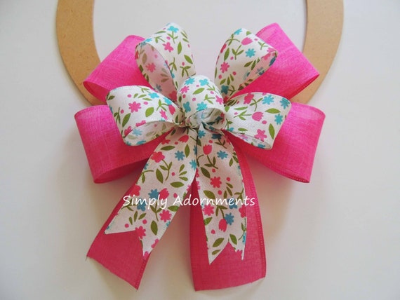 Pink Blue Flowers bow, Spring flowers Wreath bow, Pink flowers door Bow, Pink floral themed bow, Bow for door sign, Pink Summer Gift Bow