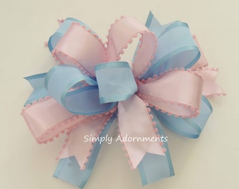 Gender reveal Baby shower Bow, Blue Pink Satin Bow, Blue pink Gift bow, Gender Reveal Sign Bow, Boy or Girl door Bow, Gender Reveal gift bow