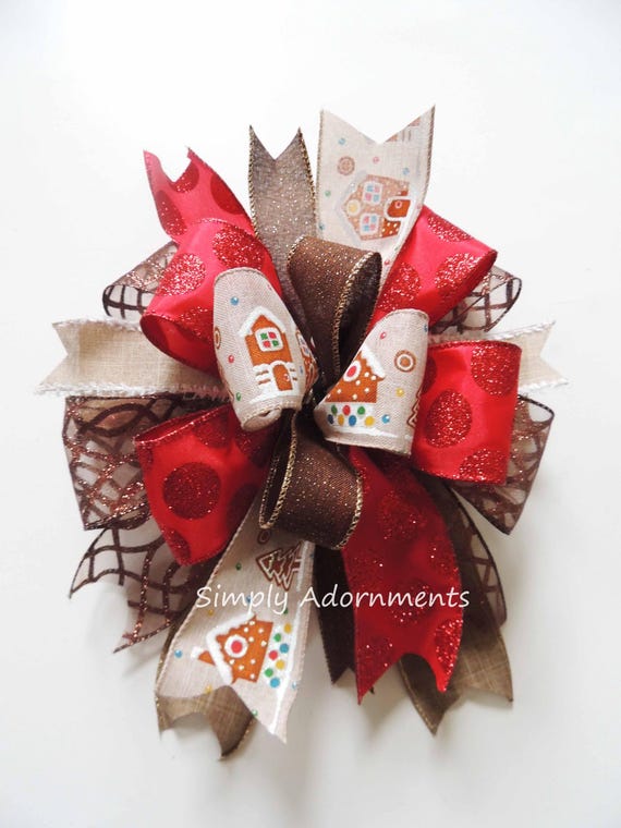 Gingerbread  House Christmas Bow, Red Brown Christmas Tree Topper bow, Christmas Tree Bow, Teardrop Swag Bow, Gingerbread Themed Decoration