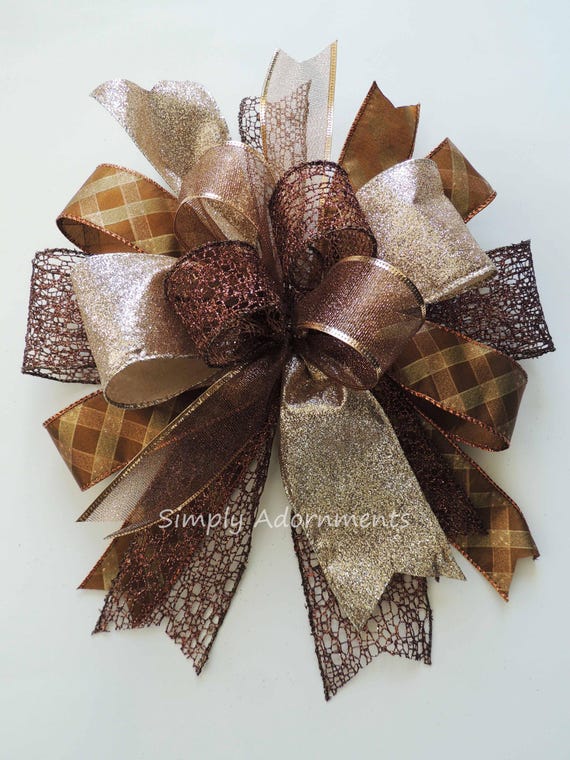 Brown Gold Christmas Bow, Brown Bronze Gold Themed Decor, Tree Topper, Wreath Accent, Lantern Swag Bow, Gift bow