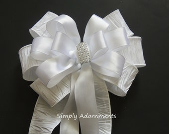 White Wedding bow, White Silver Bling Pew Bow, White wedding Chair bow, White Ceremony Chair bow, White Aisle bow, White Church Pew Bow
