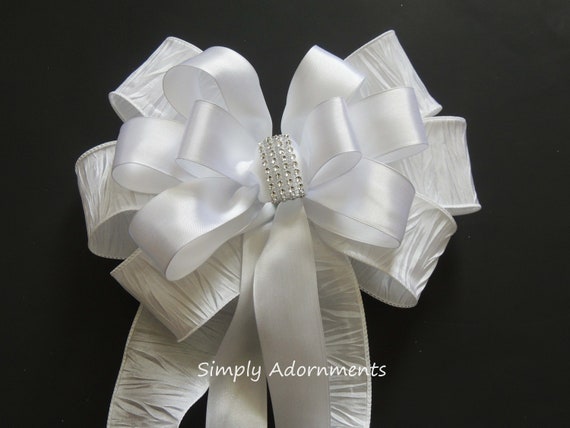 White Satin bow, White Silver Bling Pew Bow, White wedding Chair bow, White Ceremony Chair bow, White church Aisle bow, White Church Pew Bow Il_570xn