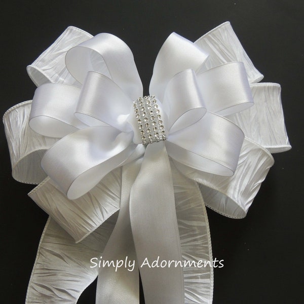 White Wedding bow, White Silver Bling Pew Bow, White wedding Chair bow, White Ceremony Chair bow, White Aisle bow, White Church Pew Bow