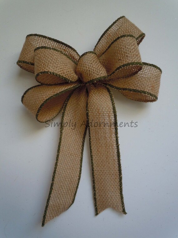 Rustic Fall Burlap Bow, Green Trim Burlap Christmas Bow Rustic Burlap Chrismas Bow, Ornament Burlap Bow Burlap Gift Wrap Bow Burlap sign bow Il_570xn
