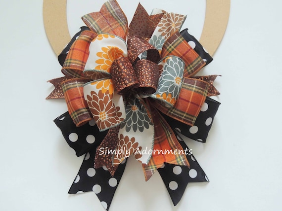 Fall Mums Lantern Bow, Thanksgiving bow, Fall Mum Wreath Bow, Autumn Accent Bow for Wreath, Brown Orange Slate blue Fall bow, Fall mums Bow