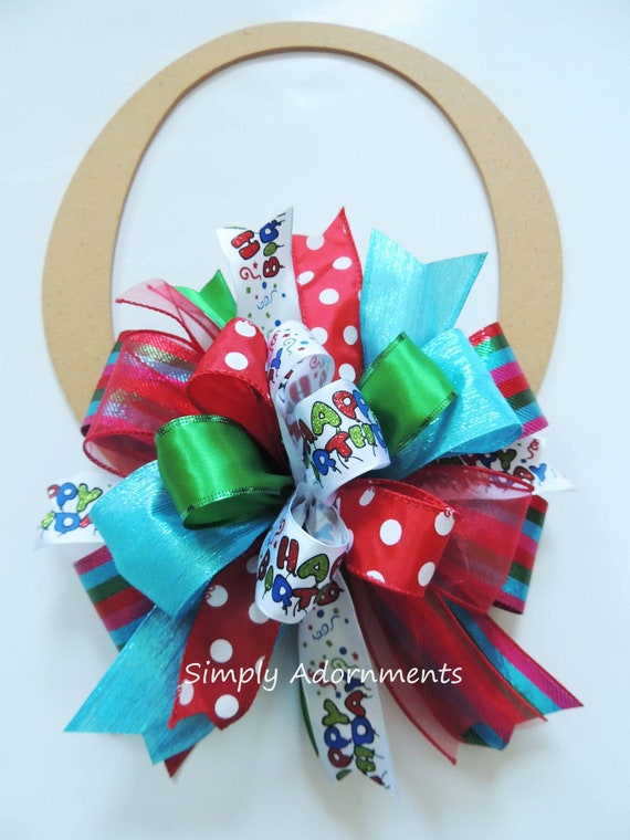 Happy Birthday Scripts Bow, Multi-colored Happy Birthday Scripts Bow, Happy Birthday Door bow, Handmade Birthday Gift bow, Birthday Gift Bow