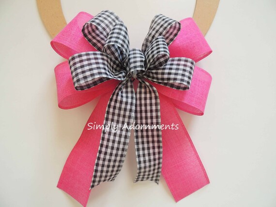 Pink black check bow, Summer Wreath bow, Pink black white lantern Bow, Pink black bow, Pink Door Bow, Bow for door sign Pink black Gift Bow Il_570xn