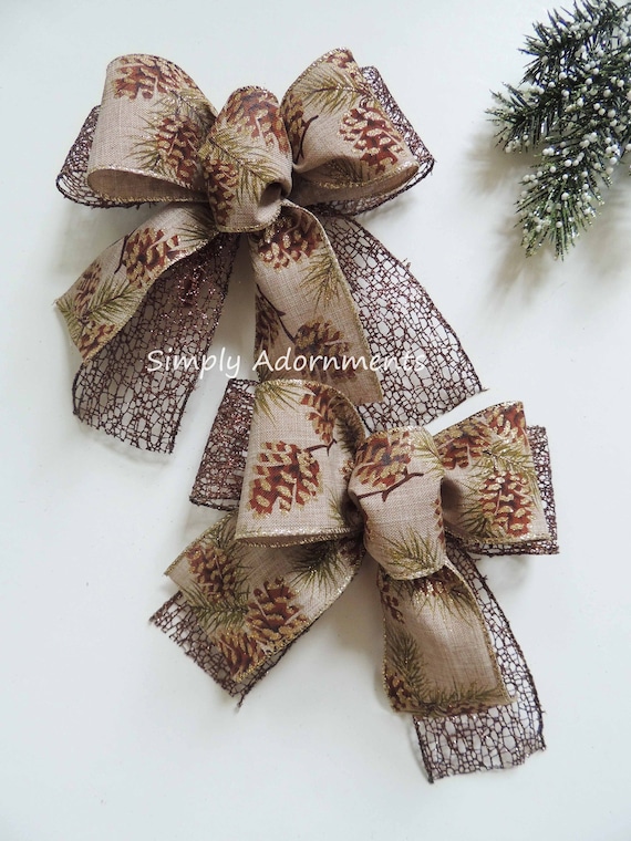 2 Pine Cones Christmas Bows, Ornament Christmas Pinecones Bows, Pinecones Gift Bows, Christmas Decor bows set, Pinecones tree bows, bows set