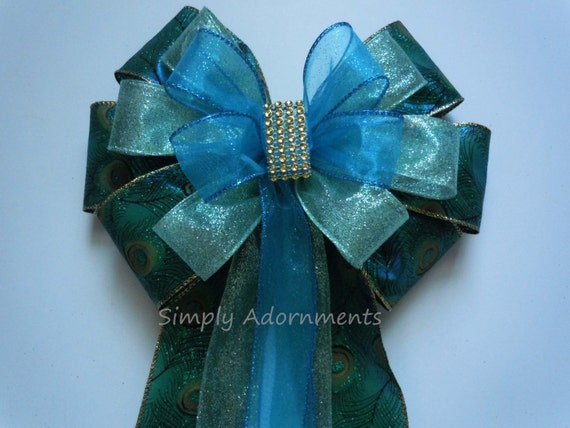 Teal Peacock Christmas Bow, Peacock Christmas Tree bow, Teal Mint Peacock Wedding Bow, Blue Mint Peacock lantern bow, Teal Peacock Gift Bow