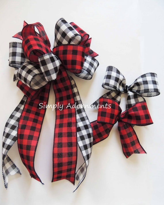Farmhouse Check Christmas bow, Red Black Buffalo Plaid Bow, Black and Red Buffalo check Christmas Tree Bow, Christmas Wreath Bow Lantern Bow