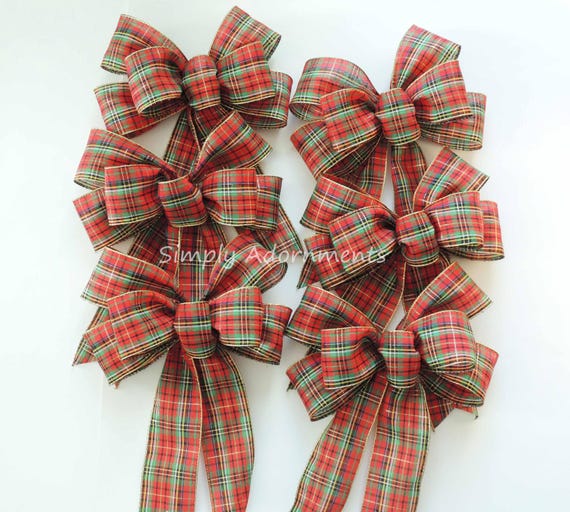 Set of 6 Christmas Plaid Bows, Christmas Staircase bows, Ornament tree Bows, Christmas tree Bows, Plaid Wreath Bows, Holidays gift Bows