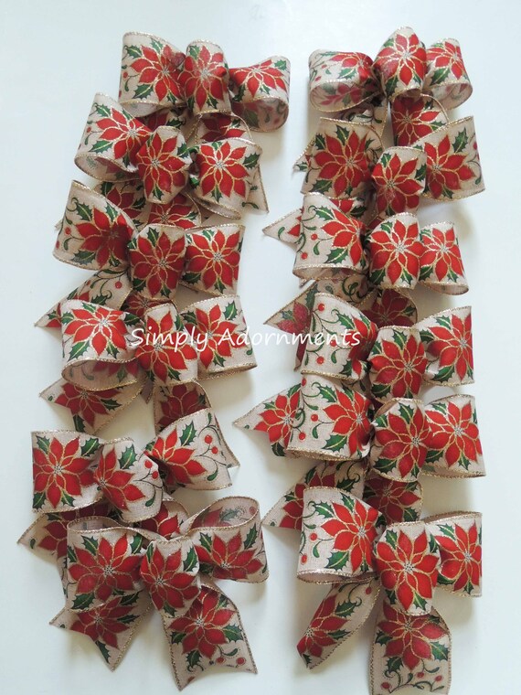 6 Mini Poinsettia Christmas Bows, Red Green Christmas Bow, Ornament Christmas tree Bow, Poinsettia Christmas Gifts Bow, Mini Bow for decor