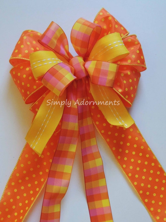 Yellow Orange Bow, Orange summer Plaid Bow, Yellow Orange Wreath bow, Yellow Dots Birthday Party Decor, Orange Plaid lantern Bow, Gift Bow