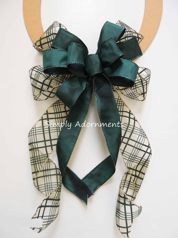Green Christmas Plaid Bow, Hunter Green Gold Christmas Bow, Green Christmas wreath bow, Christmas plaid door Bow, Christmas Lantern swag bow