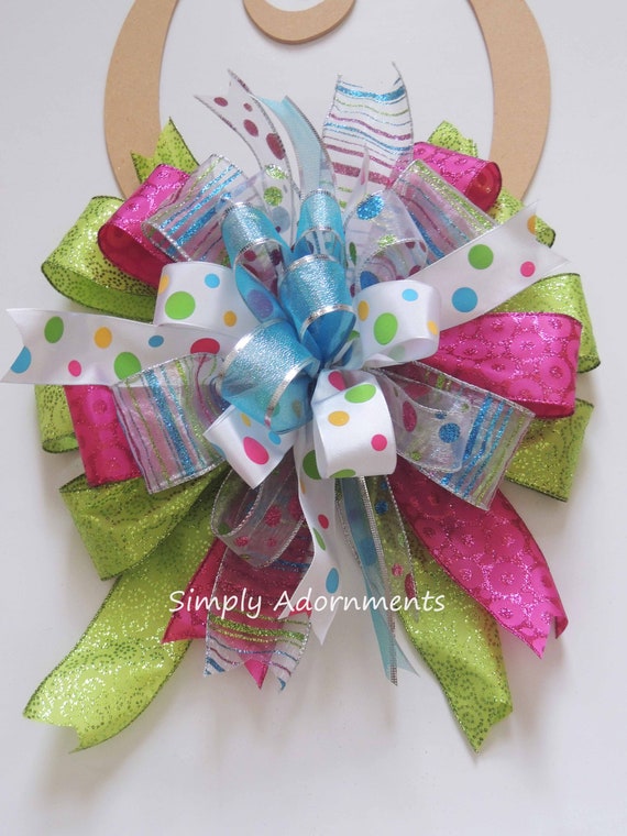 Multicolored Christmas Bow Whimsical Pink Green Blue Tree topper Bow Christmas Dots and stripes Lantern Swag Bow handmade Christmas Gift Bow Il_570xn
