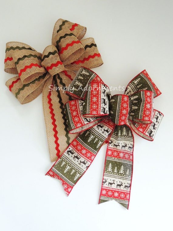 Red Green Nordic Reindeer Bow, Red Moss Rustic Christmas Sweater Wreath Bow, Christmas Sweater Bow, Nordic Burlap Christmas Bow, Gift bow
