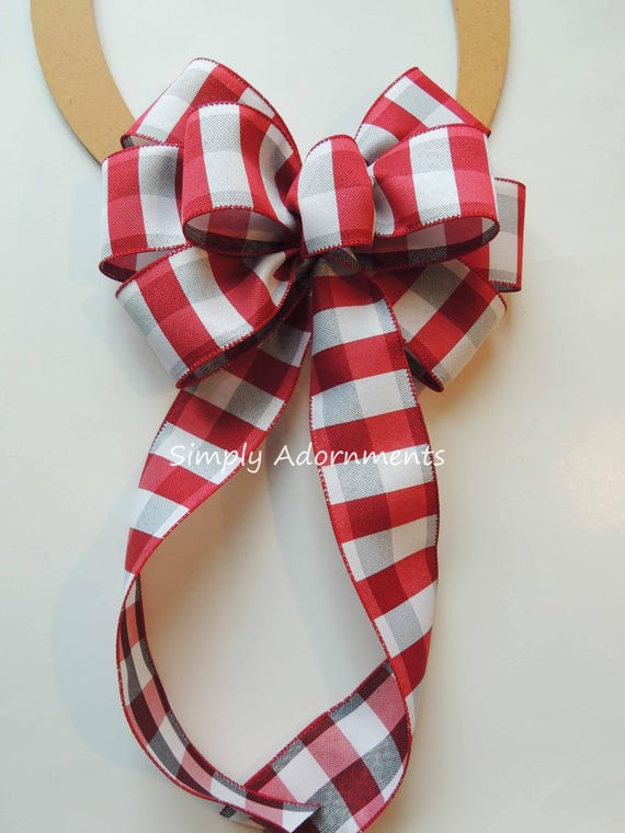 Red White Buffalo Check Bow, Farmhouse Christmas Bow, Holidays Country Decor, Red Grey Check Bow, Red Black Plaid Check Bow