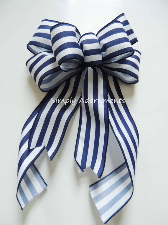 Farmhouse style Navy white Stripes bow, Navy Stripes Wreath Bow, Farmhouse Navy lantern Bow, Farmhouse Navy Stripes Bow, Navy Sign Door bow